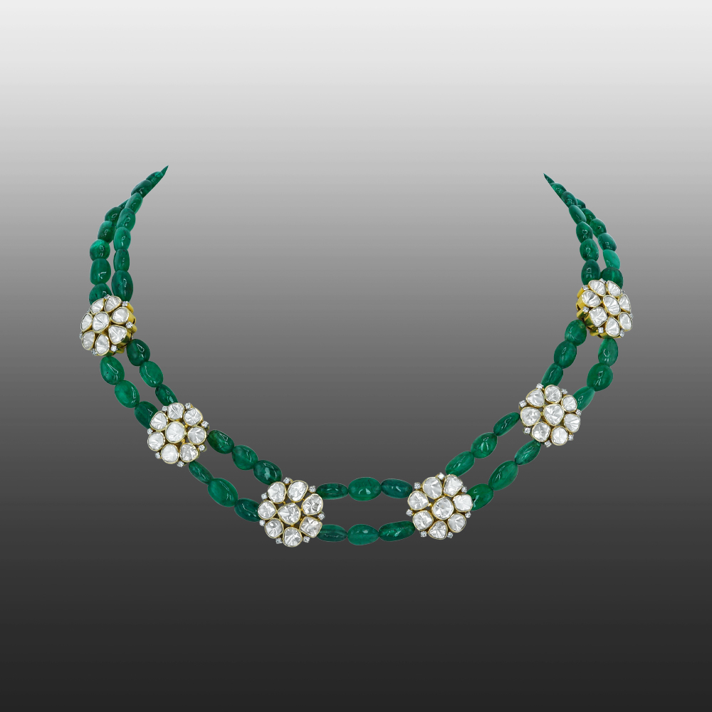 Double-Strand Emerald Bead Necklace with Polki Clusters